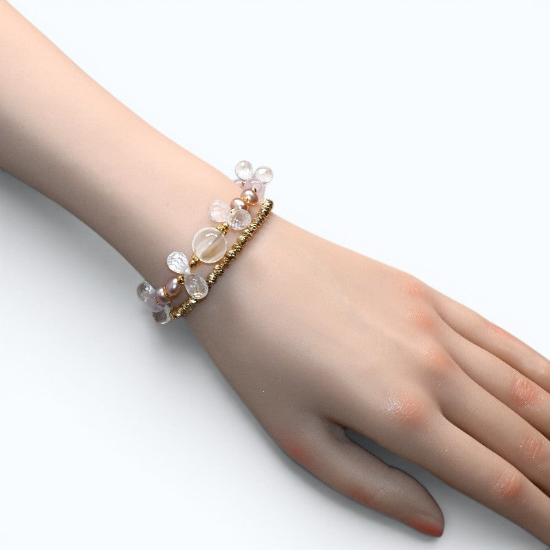 White Rabbit Fur Quartz Charm + Kunzite+ Clear Quartz w/ Freshwater Pearl Bracelet