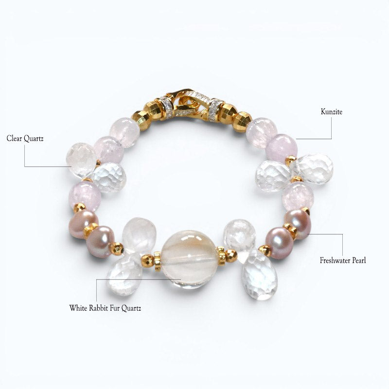 White Rabbit Fur Quartz Charm + Kunzite+ Clear Quartz w/ Freshwater Pearl Bracelet