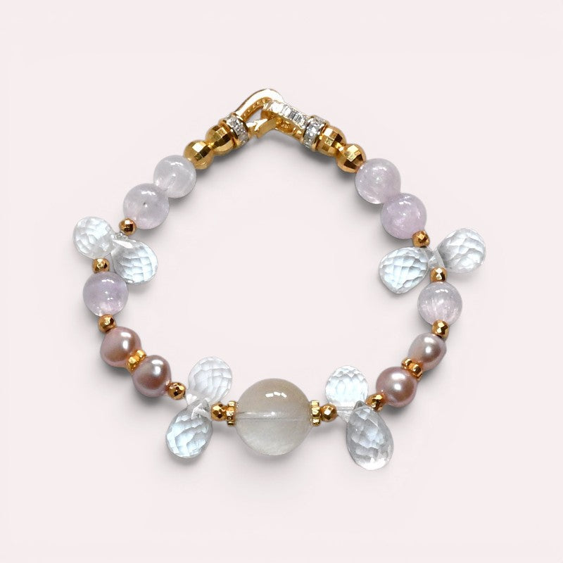 White Rabbit Fur Quartz Charm + Kunzite+ Clear Quartz w/ Freshwater Pearl Bracelet